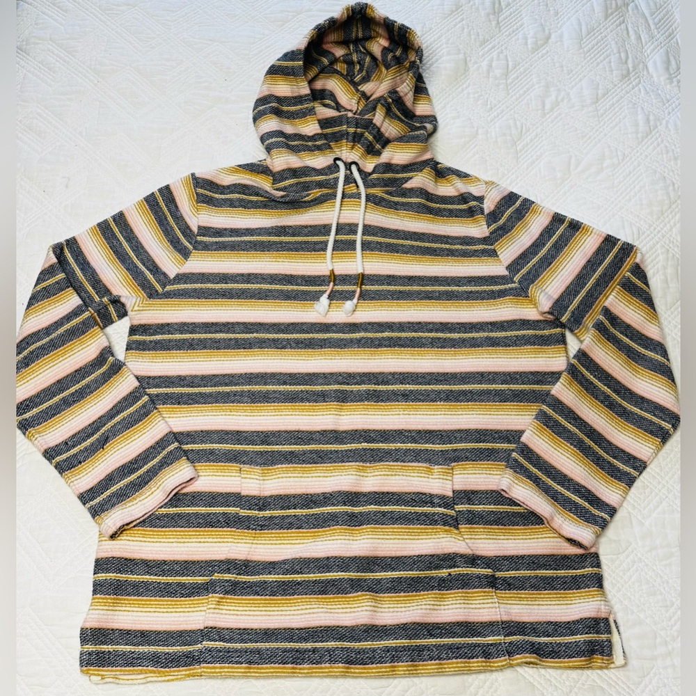 FatFace Baja Cotton Striped Hoodie Pullover Navy Yellow Pink Medium Boho